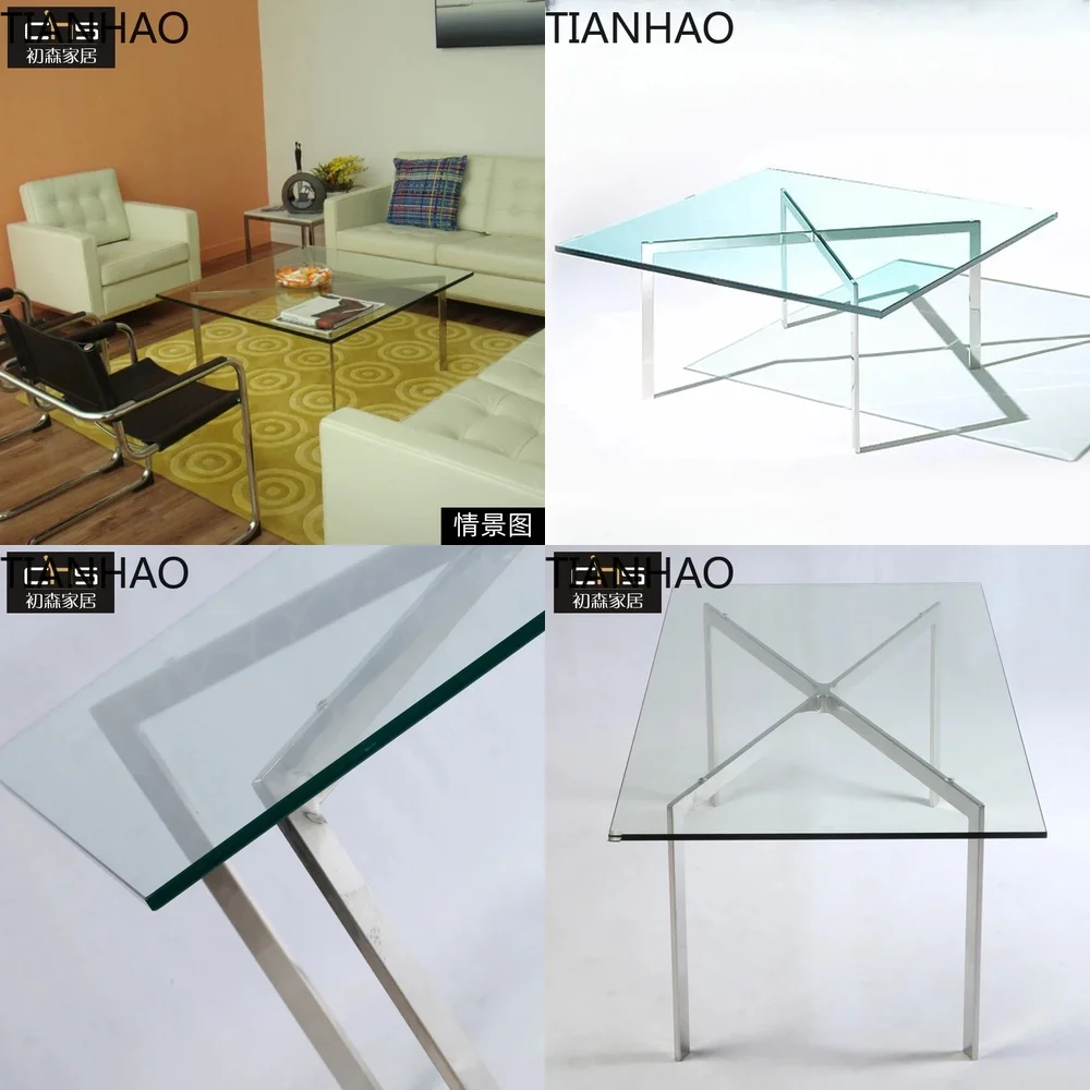 Tugendhat Minimalist Coffee Table with Stainless Steel Frame and Tempered Glass Top