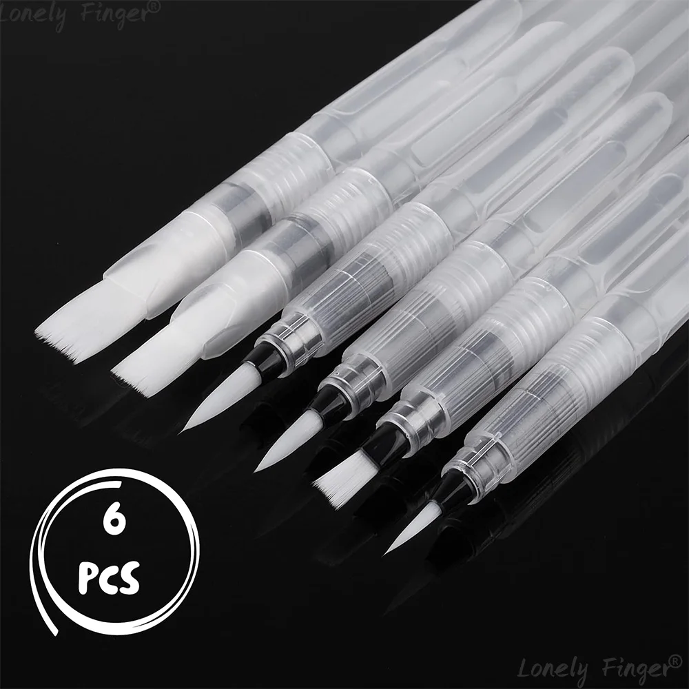 6-Piece Set Water Brush Pen,Medium & Broad Tips, Refillable Self-Moistening Brushes for Painting & Lettering