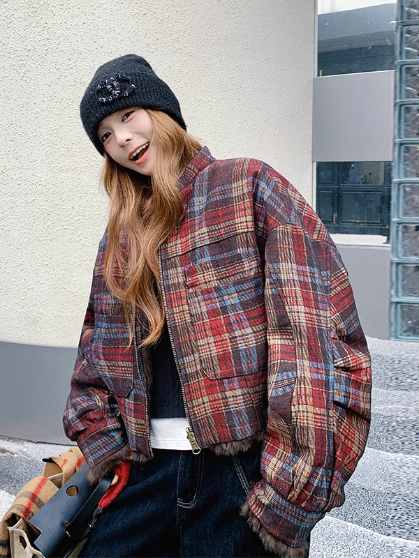  격자무늬 면 재킷 여성용 겨울 두꺼운 양면 착용 디자인 감각 한국 스타일 루즈핏