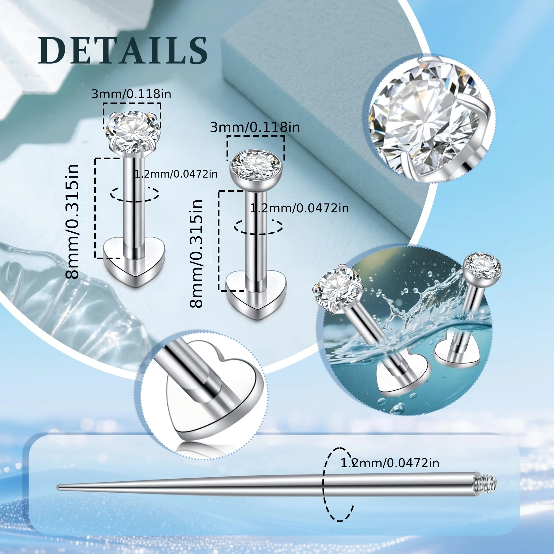 5pcs 316L Stainless Steel Labret Piercing Set, 16G Internal Thread Medusa Piercing for Lip, Tragus, Helix, Conch