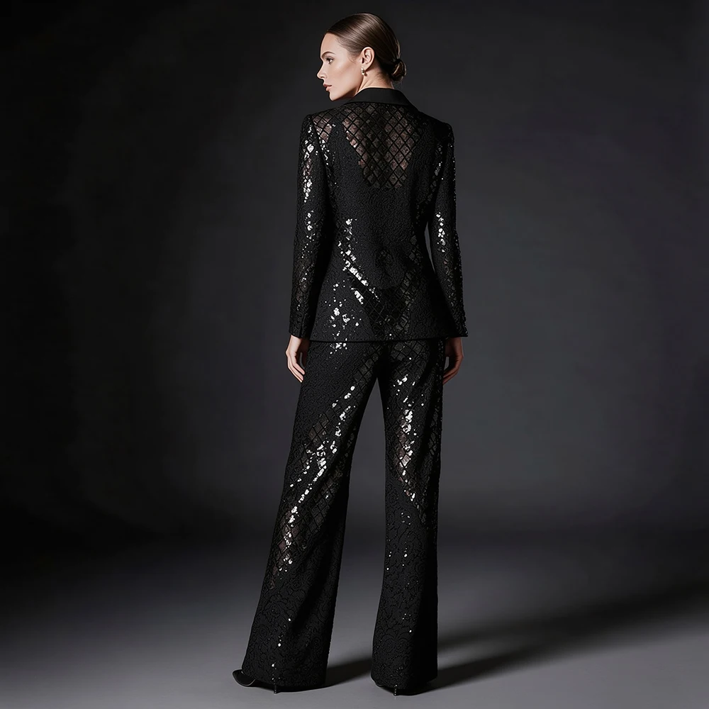HIGH QUALITY Suit Set New 2026 Fashion Designer Women's Single Button Lace Sequined Patchwork Blazer Pants Set for Formal Party