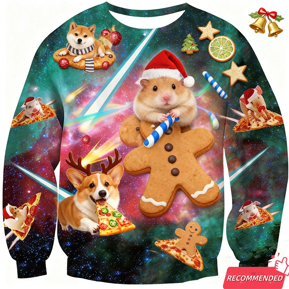 Space Animals Ugly Christmas Sweater For Men Clothing Funny Food Dog Shark Sweater Xmas Holiday Crew Neck Sweatshirt Jumpers Top