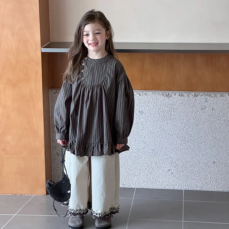 

Striped Shirt Tops Straight-leg Pants Grils Children Ruffle Edge Autumn Fashionable Sweet Cute Soft Comfortable Casual