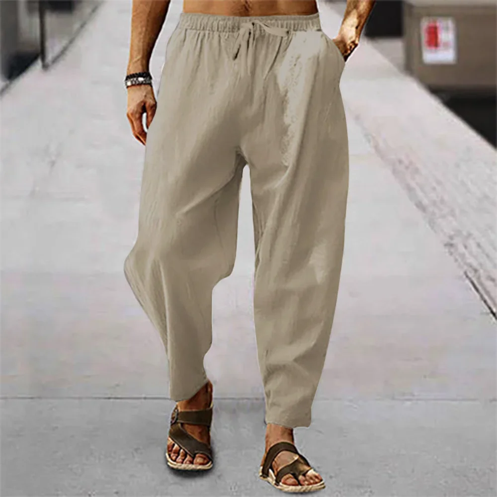 Summer New  Men\'s Breathable Pants Cotton and Linen Male Solid Color Mens Versatile BasicTrousers Loose Fitness Causal Plus Size