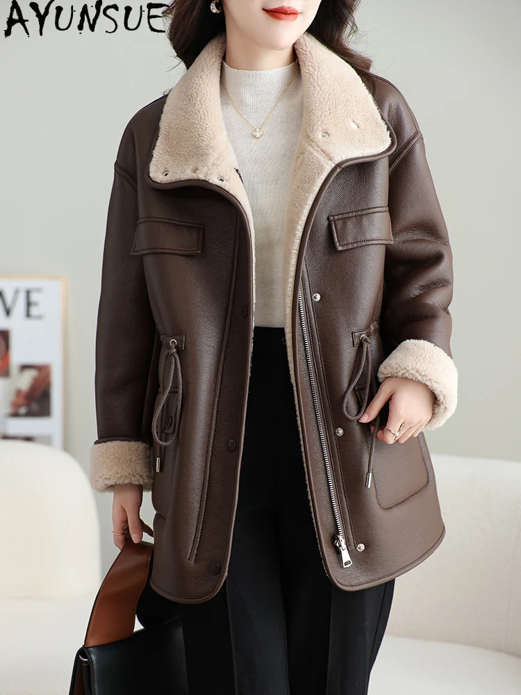 AYUNSUE 100% Wool Coat Women 2025 Vintage Motocycle Jacket Winter Clothing Female Fur Integrated Пальто Женское New in Coats