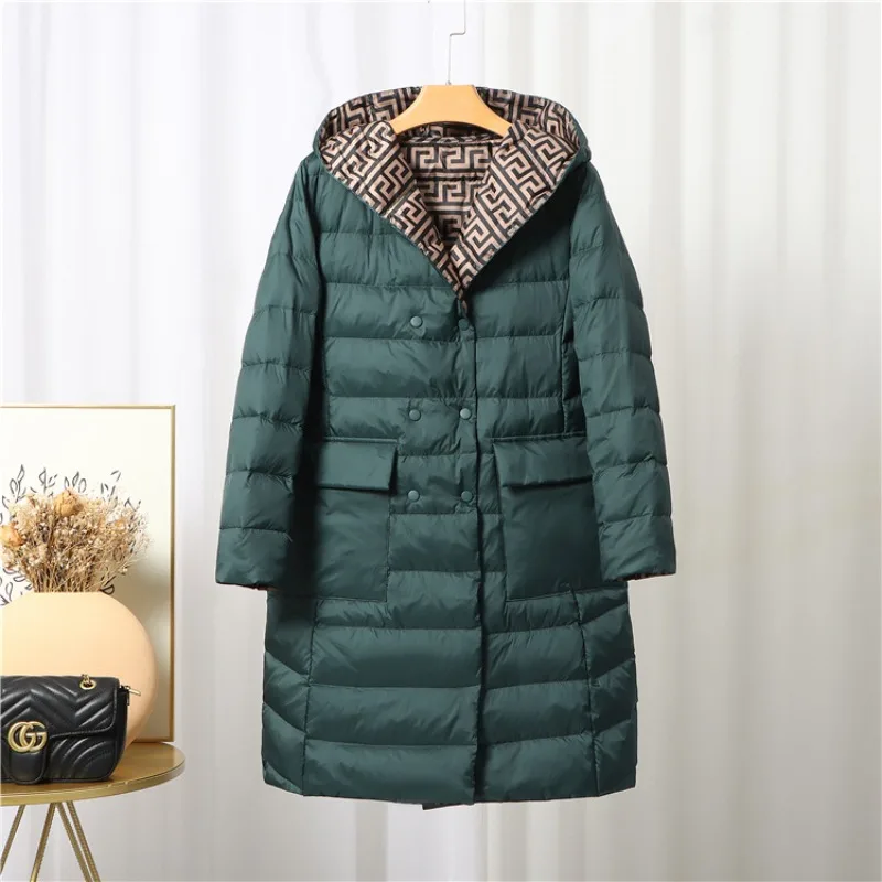 Nueva chaqueta de plumón cálida de lujo para mujer, abrigo de invierno con capucha de longitud media de talla grande, ropa de abrigo Reversible ligera