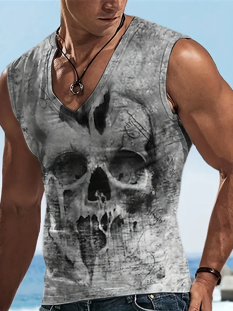 

2025 3D Skull Print Men's V-neck Tank Top Summer Everyday Street Men's Fashion Tank Top Outdoor Casual Men's Sleeveless T-shirt