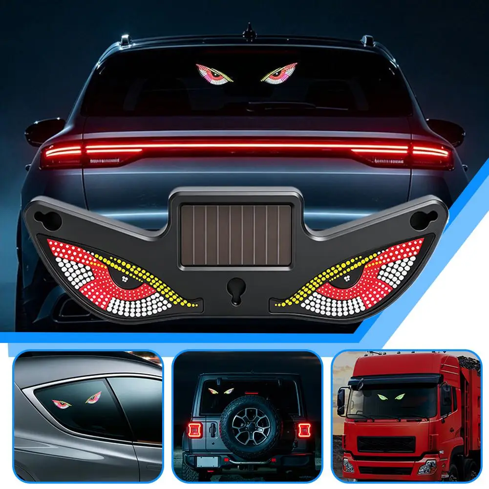 1PC Solar Powered Devil Eye Car Neon Light Dynamic Expression Anti-Collision Rear Window Warning Light Auto Modification