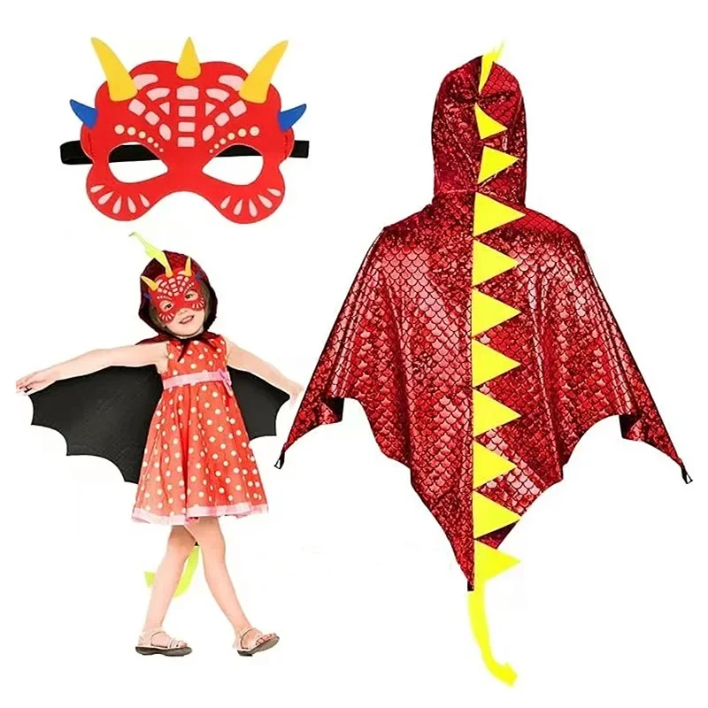 Mantello con cappuccio per dinosauro rosso per bambini con maschera a coda Accessori da polso per feste in costume cosplay di Halloween Regalo per bambini di 3-12 anni
