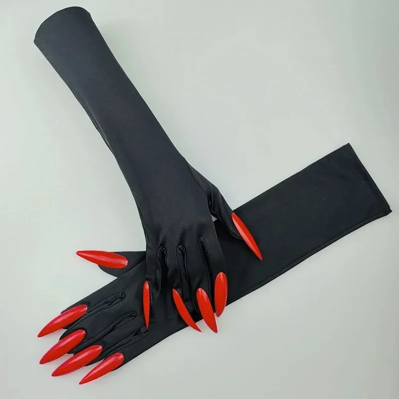 Halloween Makeup Ball Witch Red Nail Ghost Cat Demon Paw Gloves Cosplay Black Elastic Satin Stage Performance Women Long Mittens