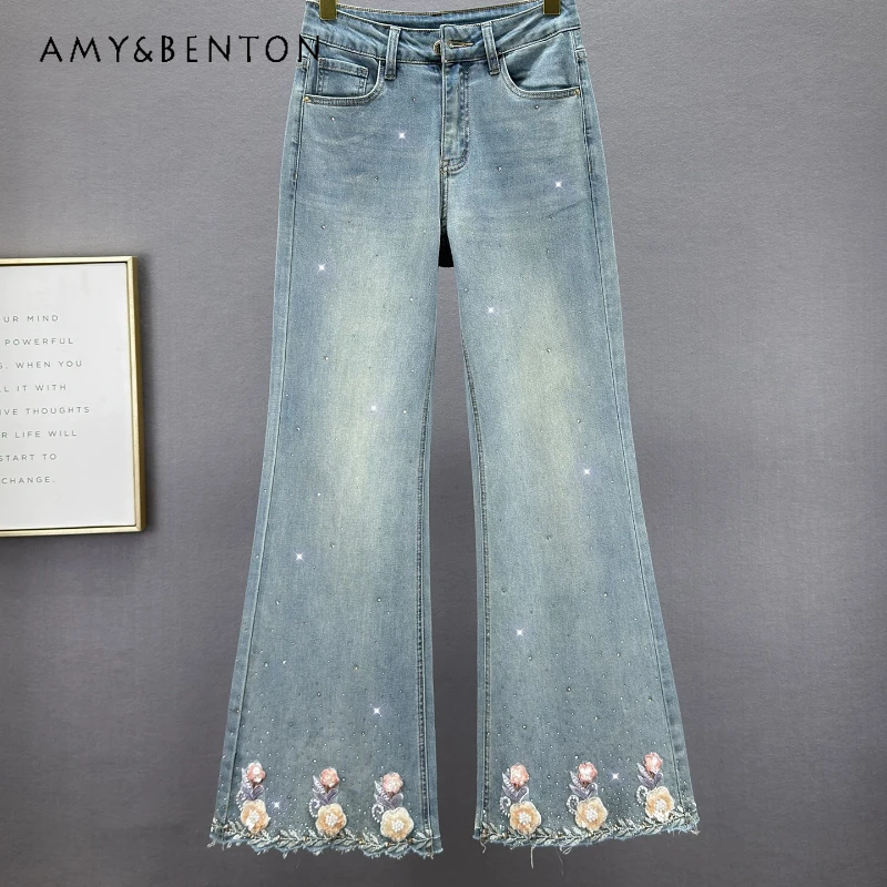 Women's Hot Diamond Denim Flared Pants Spring Summer 2026 New Elastic High Waist Thin Retro Embroidered Long Trousers Ladies