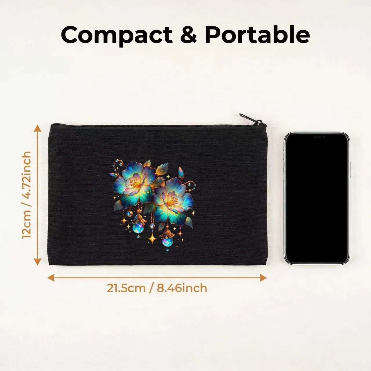 1PC Glowing Teal Blue Floral Crystal Gem Flower Print Canvas Cosmetic Bag Double Sided Portable Travel Zipper Pouch