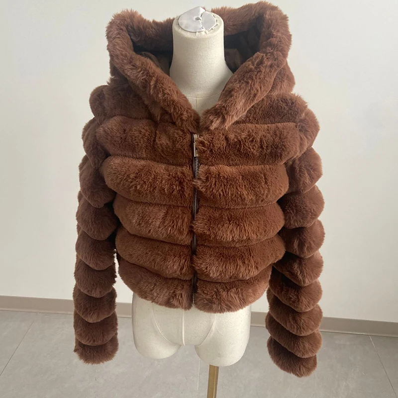 Soft Cozy Plush Faux Rabbit Fur Hooded Coat for Women Horizontal Cropped Padded Jacket Women Winter Casual Zipper Warm Outerwear