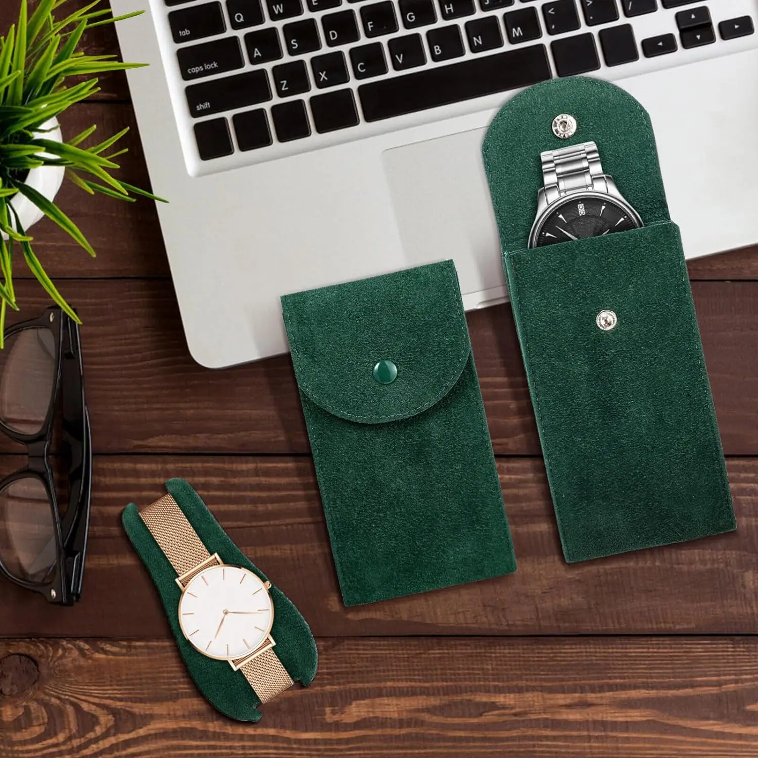 Portable Green Watch Bag- Watch Pouch -2 Pcs Watch Travel Case Travel Watch Pouch Flannelette Fabric Watch Storage Pouch Bag