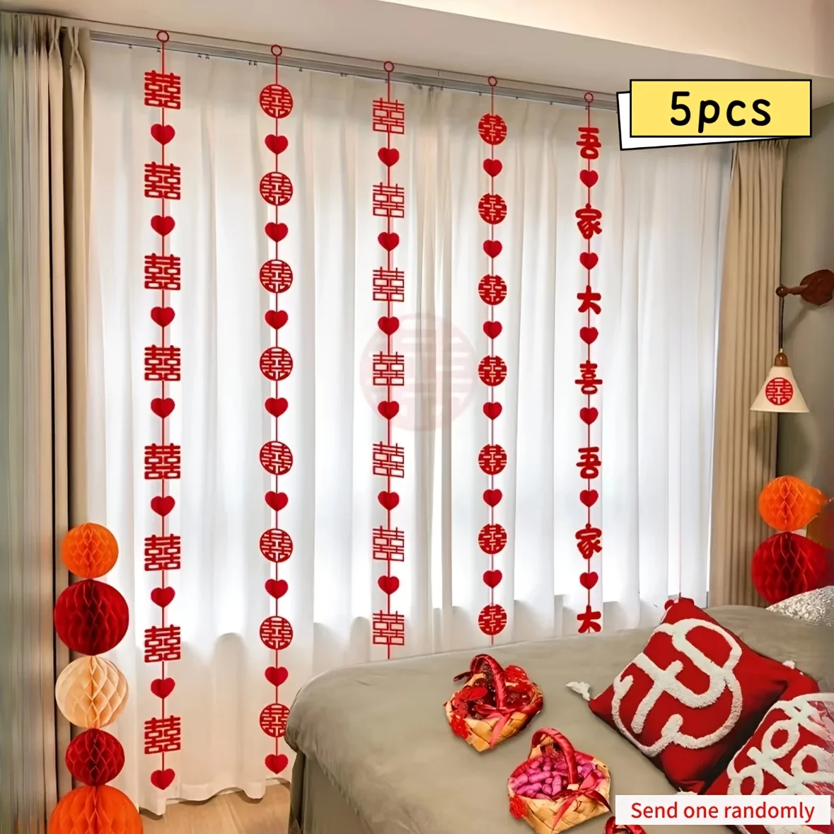 

5pcs/set Wedding Characters Draped Flowers, Wedding Room Living Room Draped Flower Pendant Set, Chinese Wedding Curtains Love Ha
