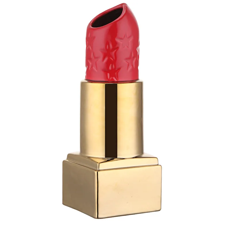 Light Luxury Gold Plated Silver Plated Lipstick Ceramic Vase For Home Decoration