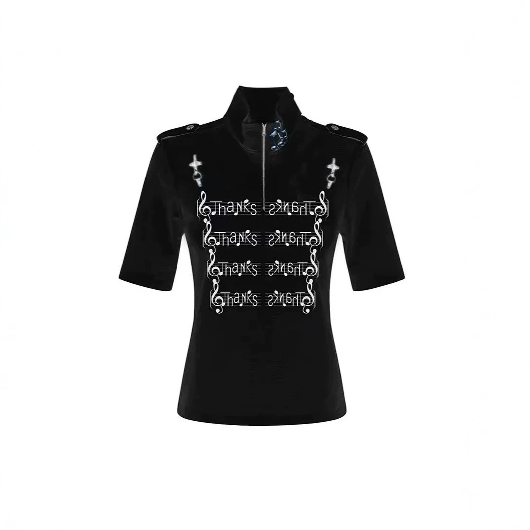 Y2k subculture stand up collar half zipper short sleeved T-shirt top summer American trendy printed slim fit short sleeved top