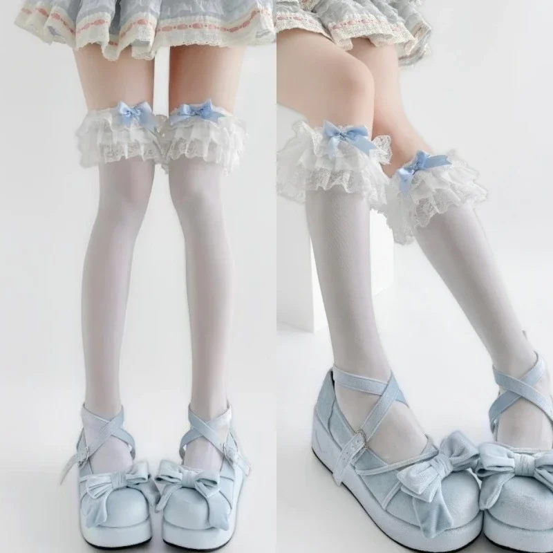 Teen Girls Sweet Lolita JK Thigh High Socks Exquisite Ruffled Lace Hem Elegant White Bow Japanese Kawaii Elastic Long Socks