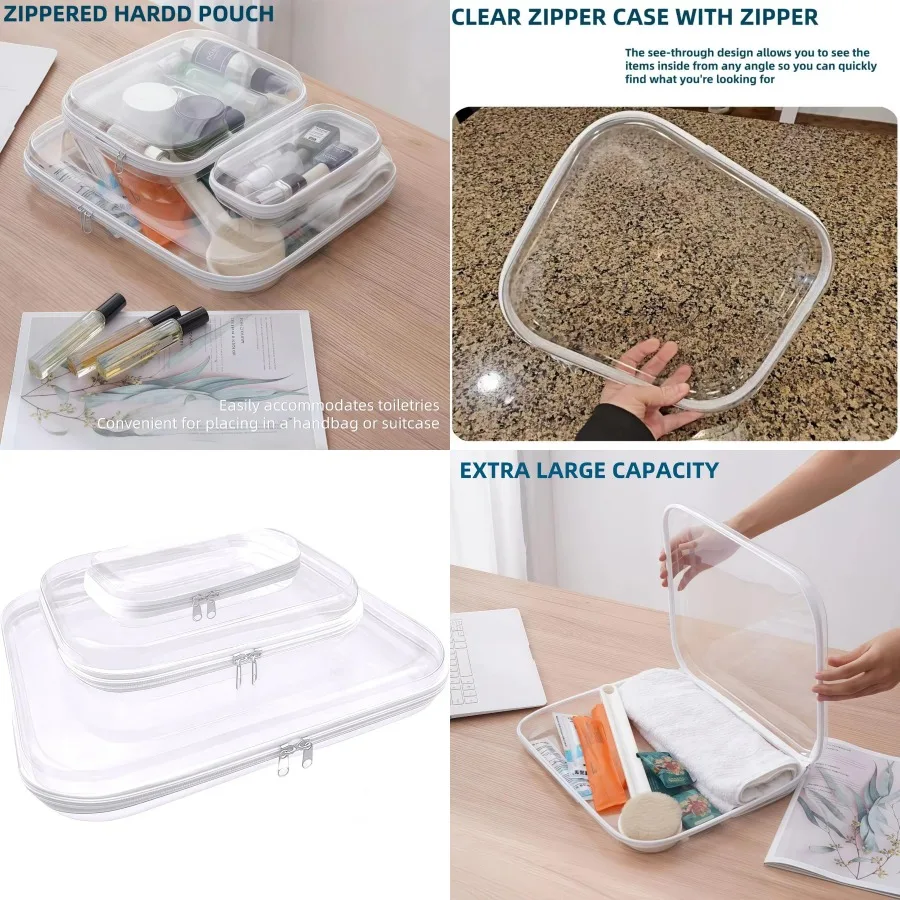 

Clear Hard Plastic Zipper Case 3Pcs Professional Grade Transparent Storage Box for Toiletry Travel Organizer Cosmetic Bag with