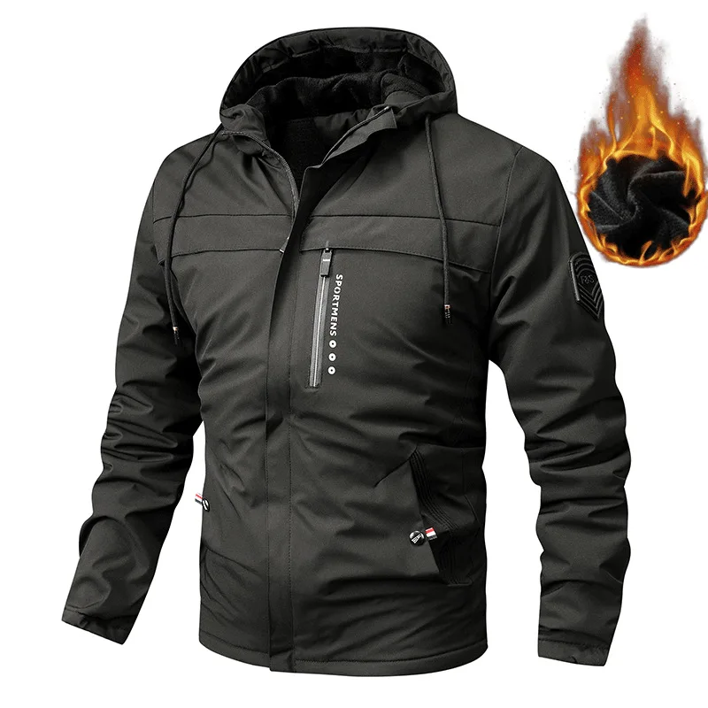 Winter Men's Thick Fleece Windproof and Cold Proof Warm Jacket, Fashionable Casual Outdoor Sports Hooded Jacket