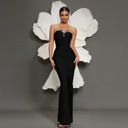 Black V-neck Bandage Dress Sexy Banquet Dress Beaded Fashion Sexy Slim Fit Hip Elegant Celebrity Party Dinner Dress Skirt