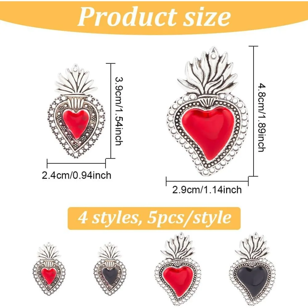 20 Pcs 2 Styles Alloy Heart Charms, Enamel Sacred Heart Pendant Antique Silver Metal Charms Mixed Color Vintage Charms Bulk