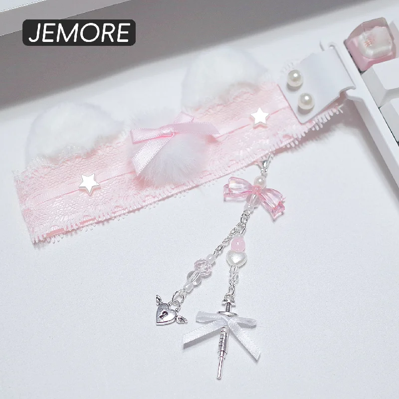 Kawaii Pink Lace Keyboard Lanyard With Plush Cat Ears Pearl Bow Pendant Decorative Strap  Gaming Keyboard Accessories Gift
