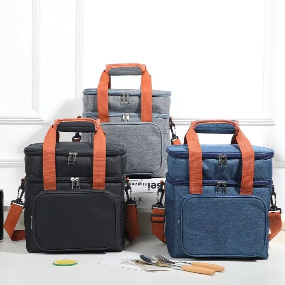 Large Capacity Insulated Lunch Bag Lightweight Leakproof Double Deck Lunch Cooler Bag Side Pocket Waterproof