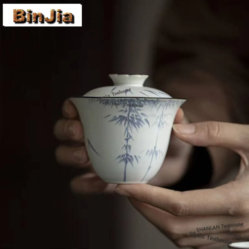 

120ml Soda Gray Glazed Handmade Cover Bowl Household Hand Drawn Bamboo Gaiwan Vintage Tea Tureen Tea Brewing Teaset Collections