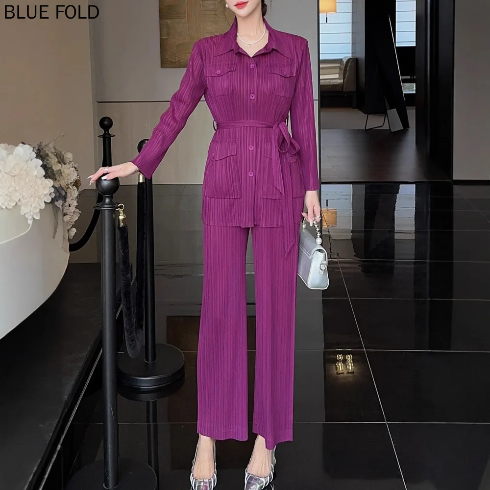 

Miyake Fashionable Set Women High-end Elegant Long-sleeved Shirt Collar Top and High-waisted Straight-leg Pants Two-piece Set