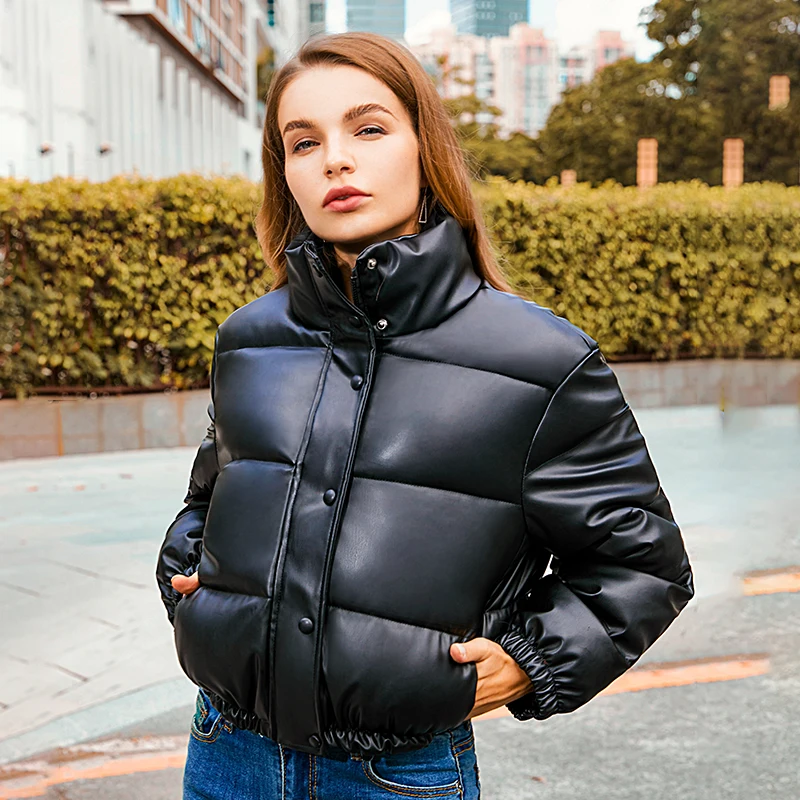 Winter Thick Warm Cropped Puffer Jacket Women Black PU Leather Parkas Elegant Zipper Coat Cotton Padded Punk Outwear 2023