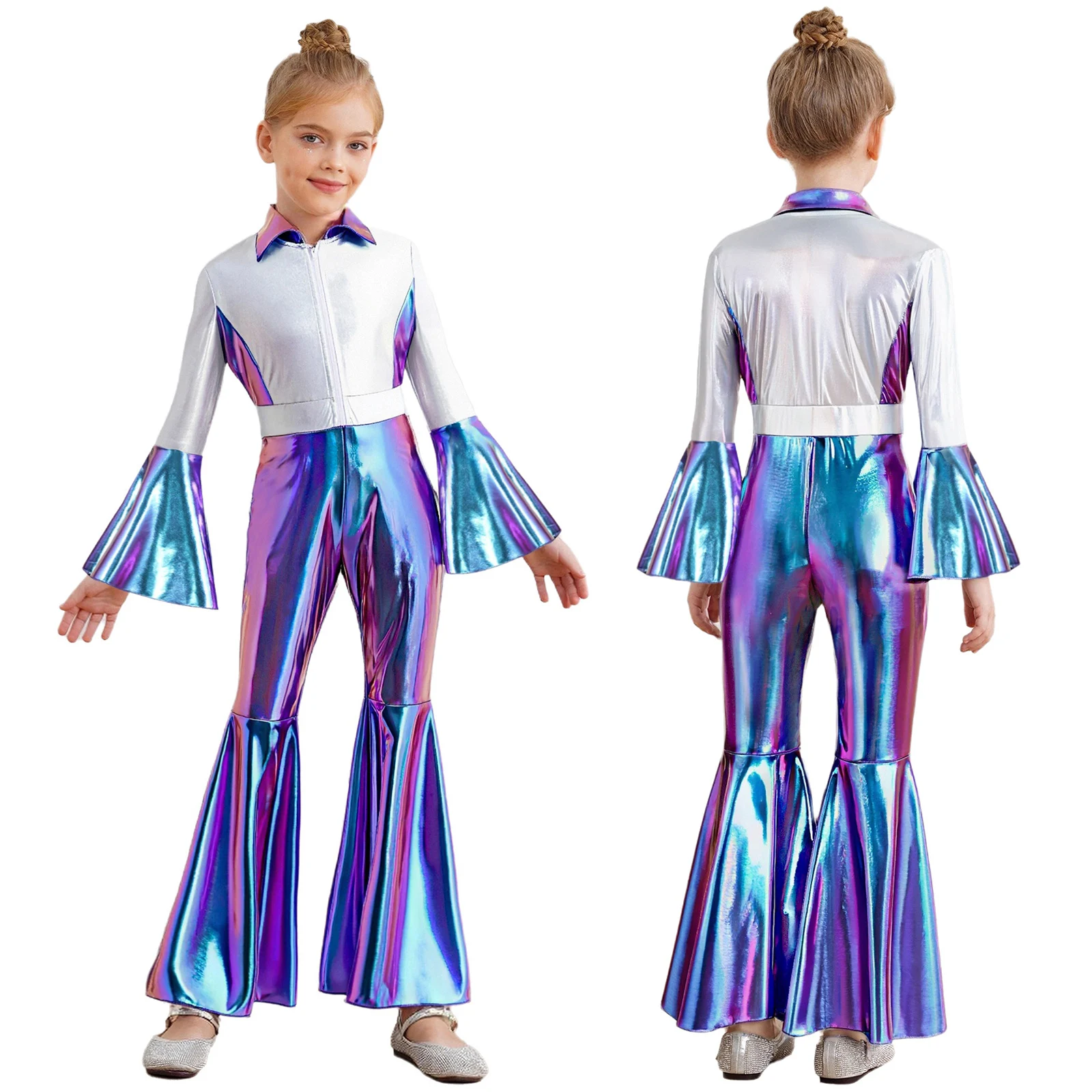 

Girls 70s 80s Disco Dance Jumpsuit Metallic Gloss Contrast Color Turn-Down Collar Long Bell Sleeve Long Leg Flare Pants Rompers