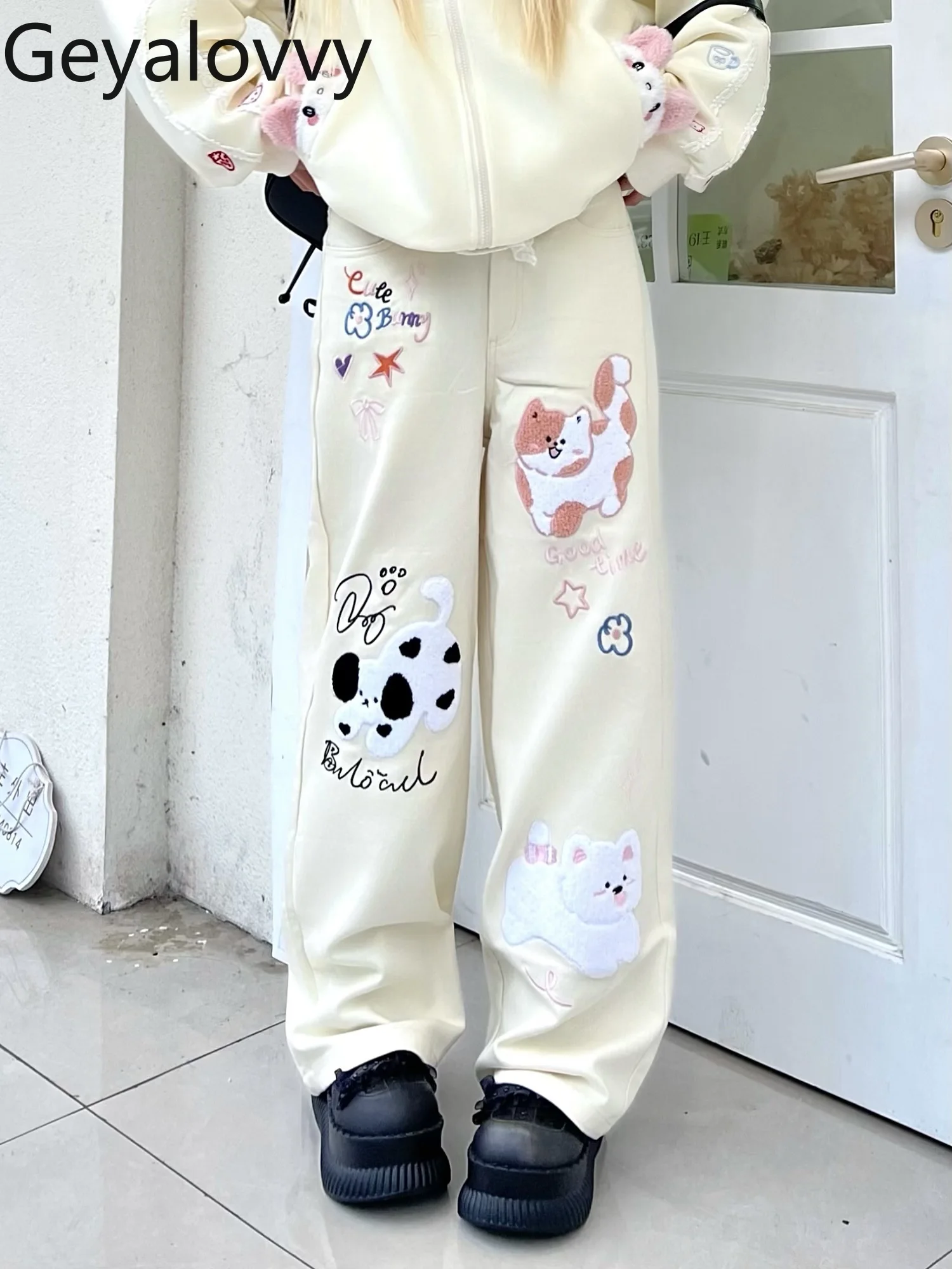 Vintage dos desenhos animados bordado cintura alta jeans retos para mulheres doce bonito primavera solto emagrecimento versátil casual calças de perna larga