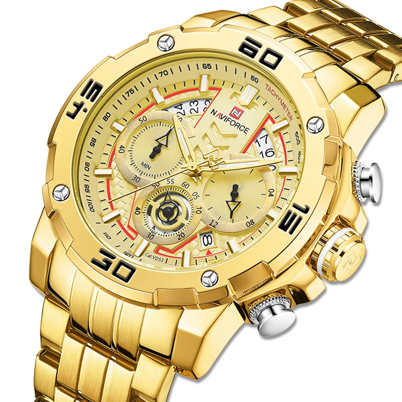 NAVIFORCE Watches Sport Chronograph Luxury Gold Watch Men Quartz Wristwatch Date Waterproof Clock Relogio Masculino 2020