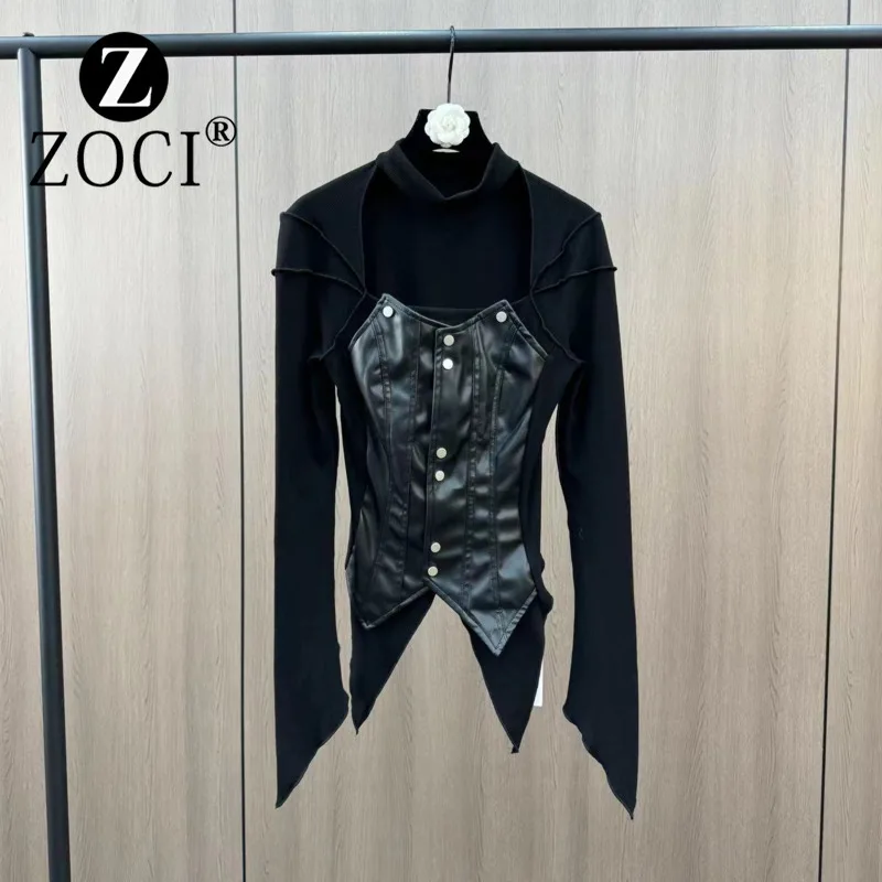 [ZOCI] winter round neck long sleeved patchwork PU strapless two-piece single breasted street trendy girl style