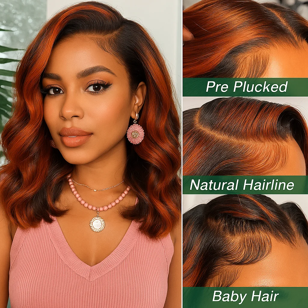 # Peruka typu bob z krótkimi włosami, falowane, z przedziałkiem z przodu, wykonana z ludzkich włosów, ombre balayage, bezklejowa, 13x4, w kolorze brązowym z czerwonymi pasemkami, dla czarnoskórych kobiet.