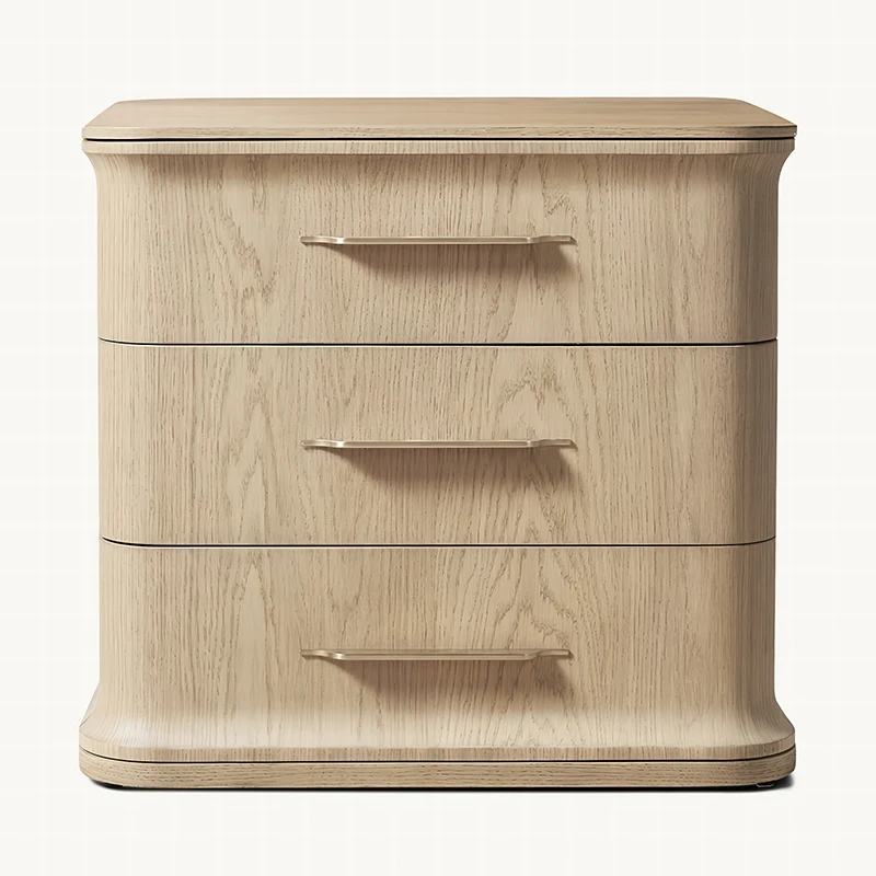 xx-RH BARON NIGHTSTAND Light Wood 3-Drawer Bedside Table Long Metal Handles Modern Rounded-Edge Design Bedroom Storage Cabinet