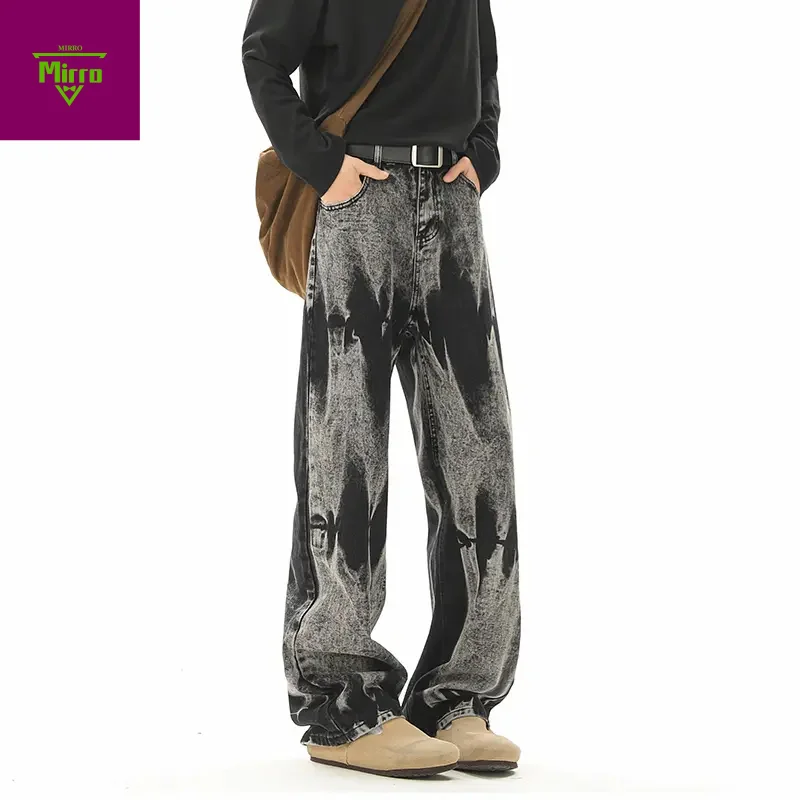 

【Mirrordust】Autumn Men's Printed Jeans Loose Casual Versatile Design Straight Pants