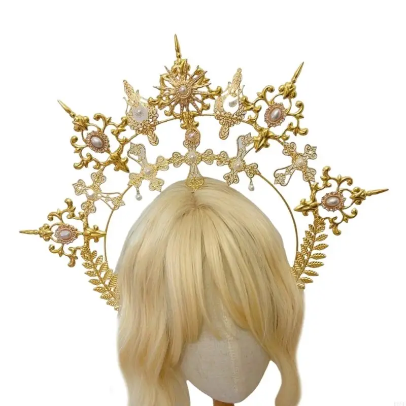 B95F 手作りスイートパールクラウンメタルかぶとヘアフープゴシックテーマのパーティーや写真イベント用