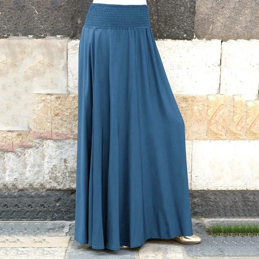 Women Elastic Waist Swing Skirt Casual Loose Solid Color High Waist Pleated Maxi Skirt Vintage Long Skirts