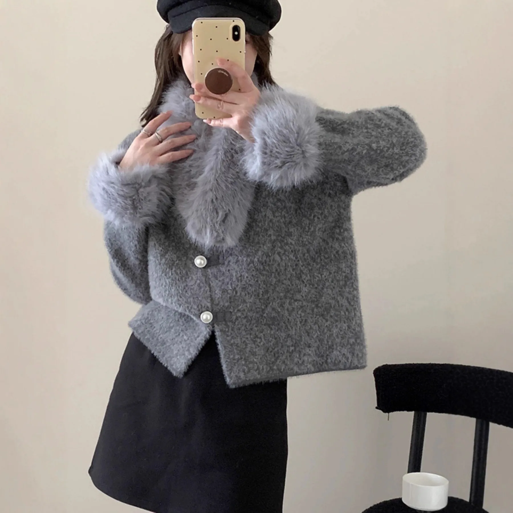 

Серый свитер во французском стиле, женская осенне-зимняя новинка, ретро меховой воротник, съемный вязаный топ, нежный Chaqueta Mujer