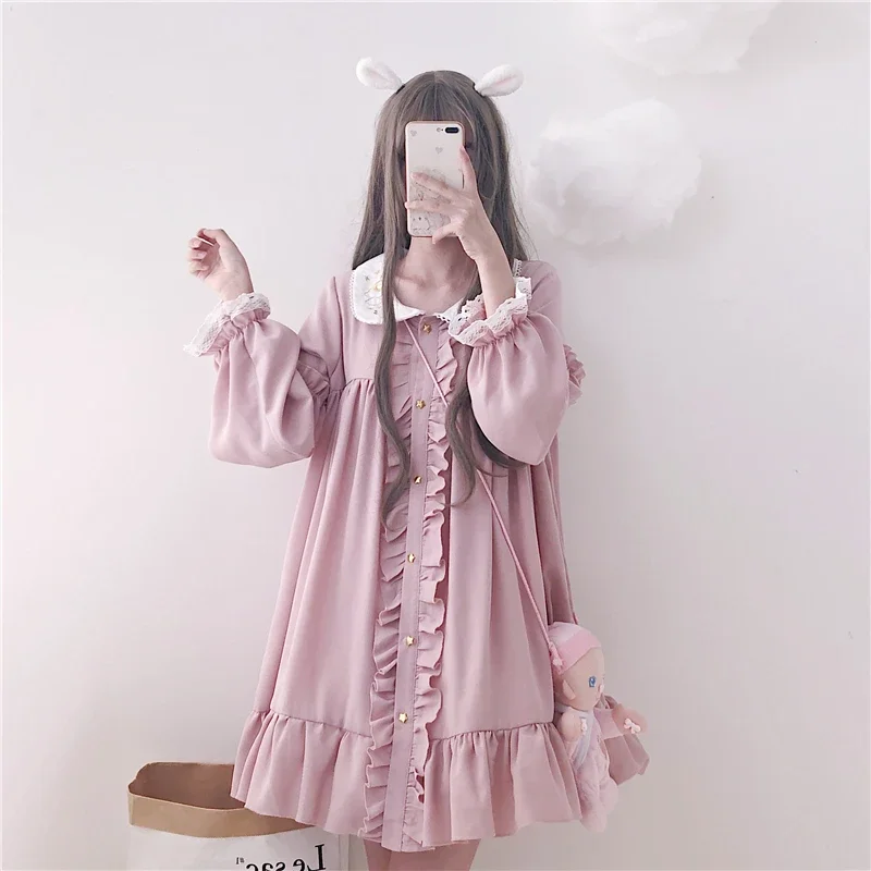 2023 Autumn Winter Dress Women Harajuku Pink Ladies Ruffle Lace Patch Kawaii Dresses Lolita Cosplay Sweet Loose Vestidos Y2k