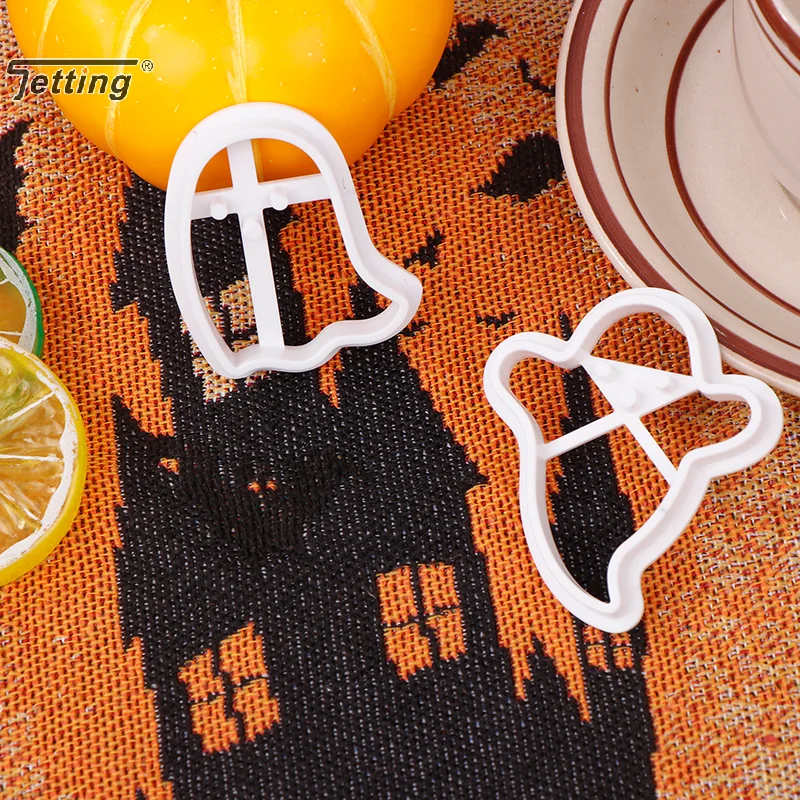 2Pcs Halloween Ghost Theme Plastic Cookie Cutter Biscuit Plunger Fondant Chocolate Mold Sandwich Bread Cake Decorating Tools