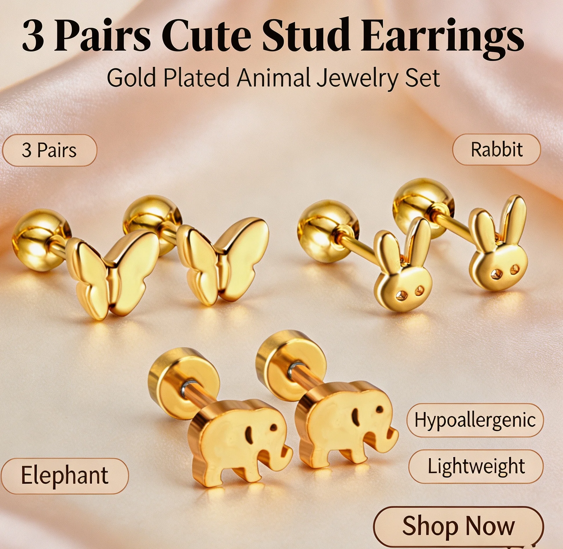 3 Pairs Cute Animal Stud Earrings Stainless Steel Butterfly Rabbit Elephant Screw Back Ear Studs Wholesale Women Jewelry