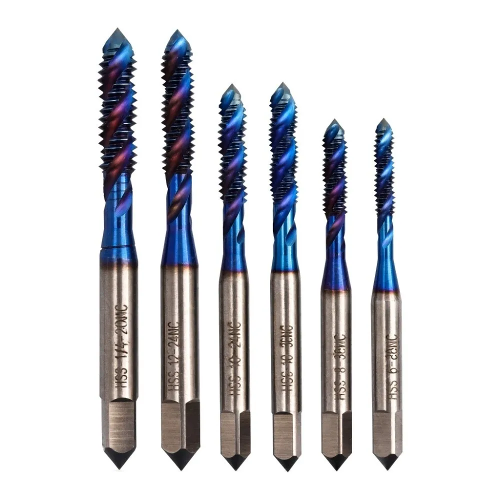 6pcs High Speed Steel Screw Thread Tap Titanium Coated Blue Coated Tapping Drill Bit Spiral Flute