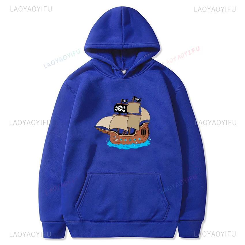 

Fun Pirate Ship Print Hooded Casual Street Long Sleeve Hoodie for Everyday Spring and Autumn Clothing for Both Men and Women