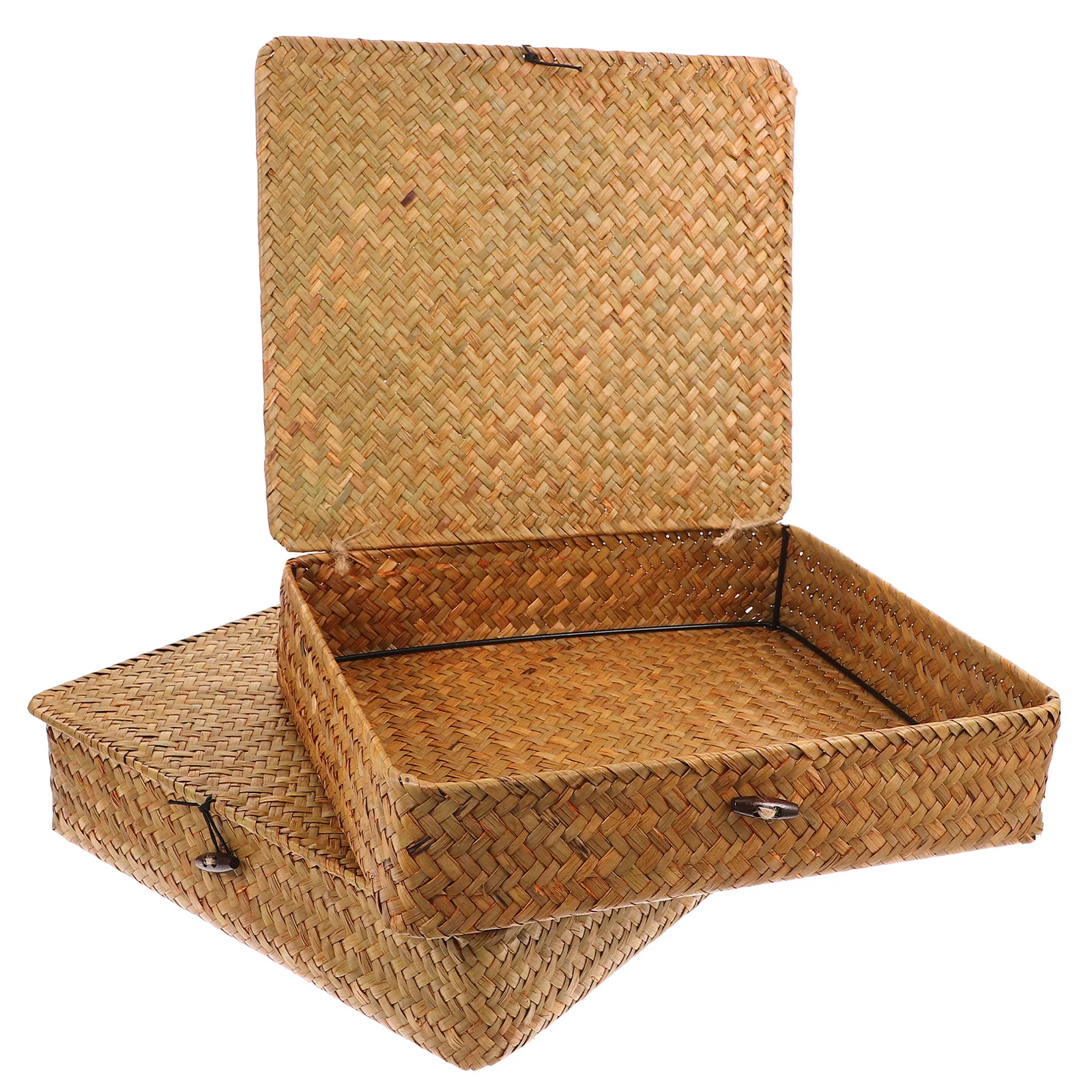 2 Pcs Woven Storage Box Rectangular Seagrass Basket Boxes Decorative Baskets with Lid Toy Case Desktop Bins Lids