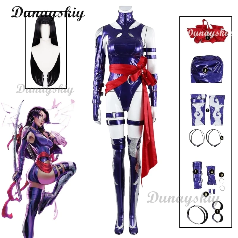 

Anime Jumpsuit Rivals Psylocke Cosplay Costume Wig Game Character for Women Uniform Halloween Party Sexy Purple Jumpsuit Suit