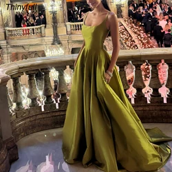 Thinyfull A-line Elegant Satin Prom Dresses Spaghetti Strap Square Collar Evening Party Gown Special Occasion Dress Customized