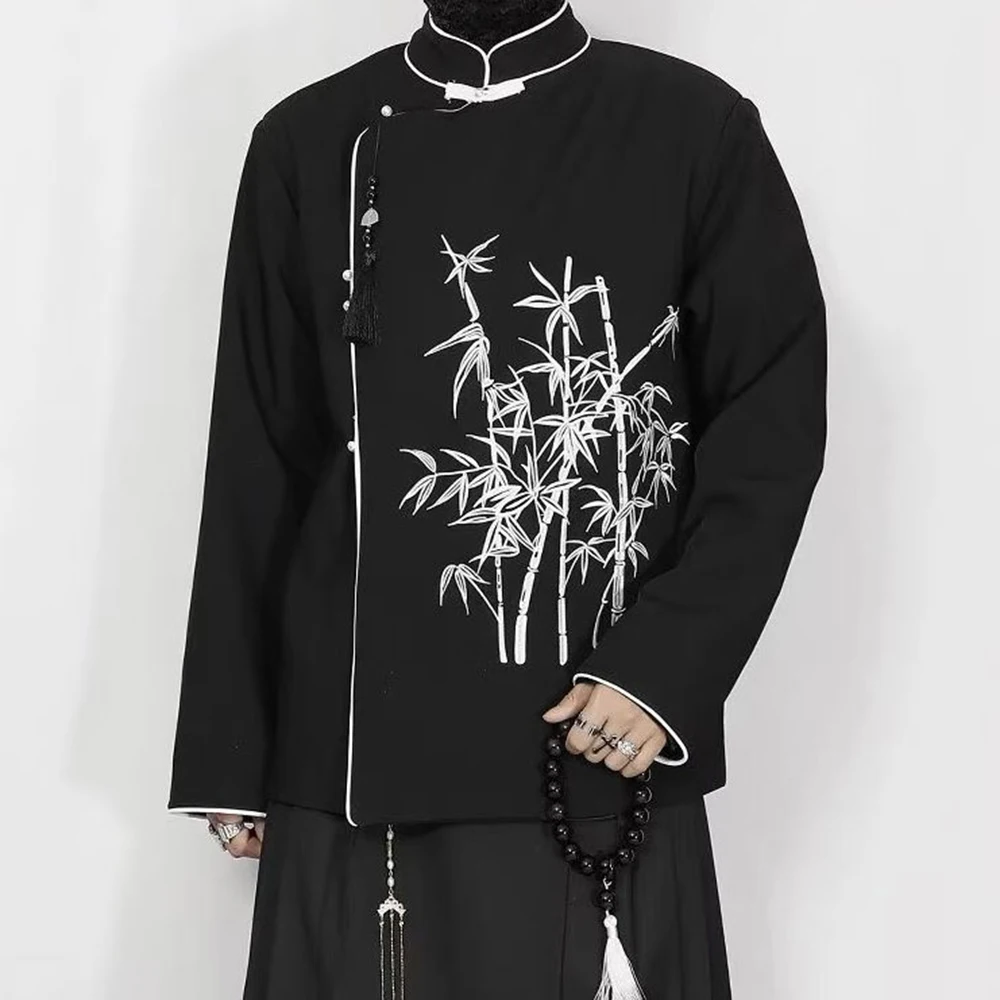 Chinese Style Dark Embroidered Long-Sleeved Tops For Men In Autumn  Fashion Trend Stand-Up Collar Design Hanfu Casual Suit Tops